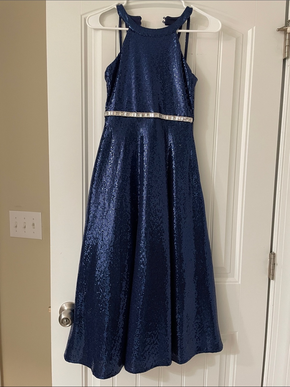 Girls' Navy Sequin Halter Dress with Rhinestone Waistband